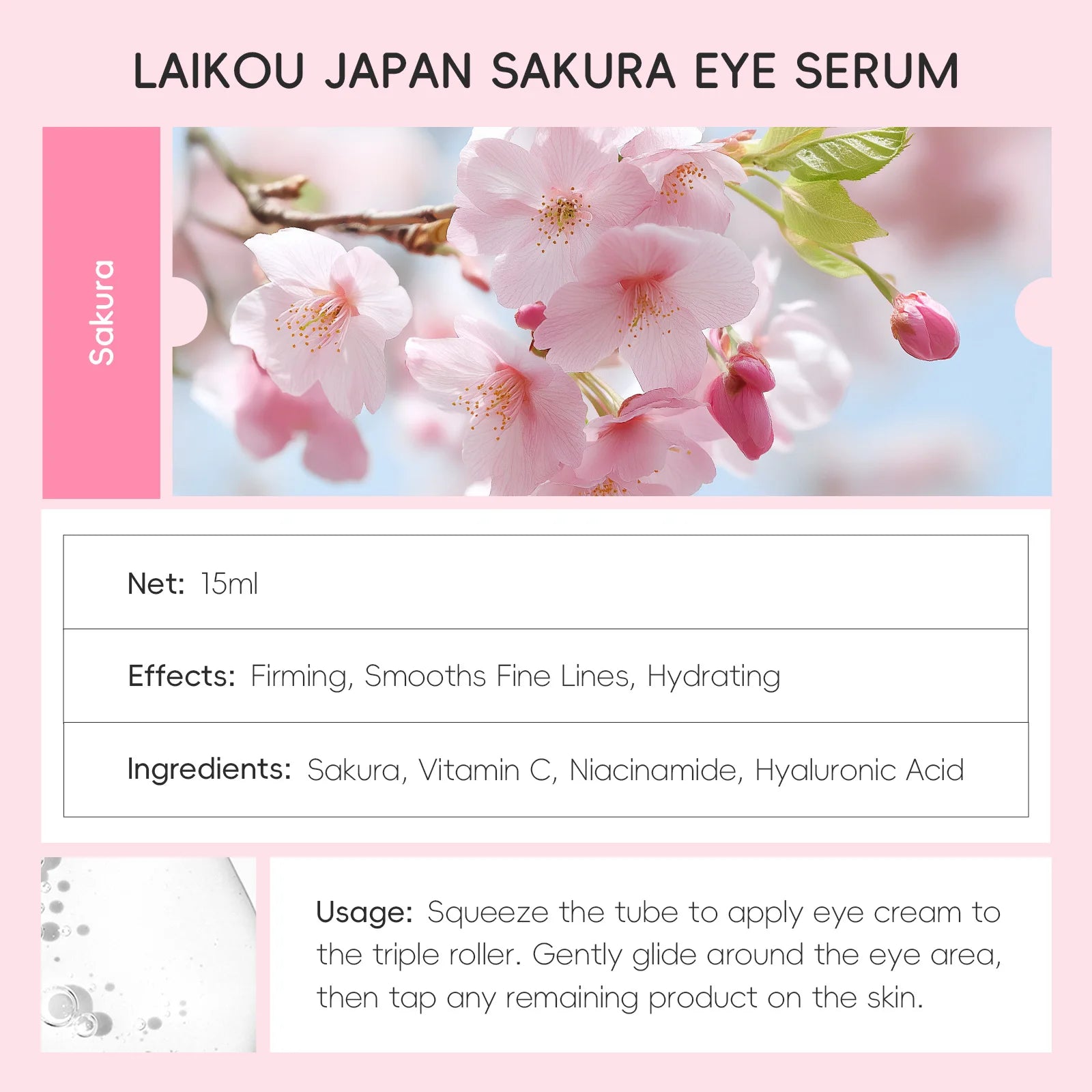 LAIKOU 15ml Sakura Roller Eye Serum Hyaluronic Acid Moisturizing Fade Dark Circles Eye Bags Fine Lines Massage Eye Care