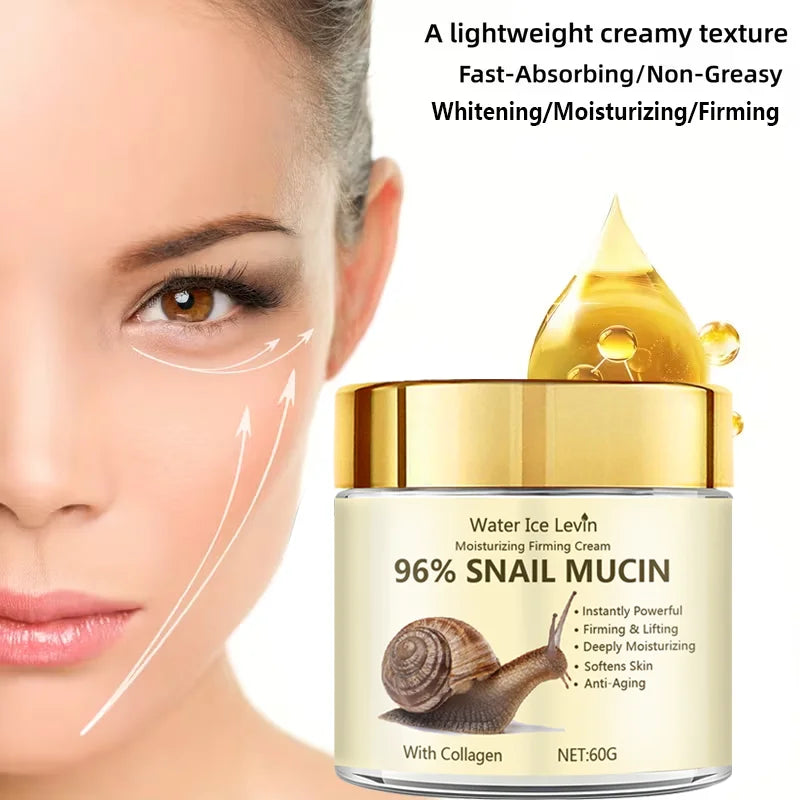 96% Snail Mucin Firming Cream Instantly Lifts and Firms Skin. Deep Moisture Brightens Dullness. Softens and Smoothes Rough Patches.
