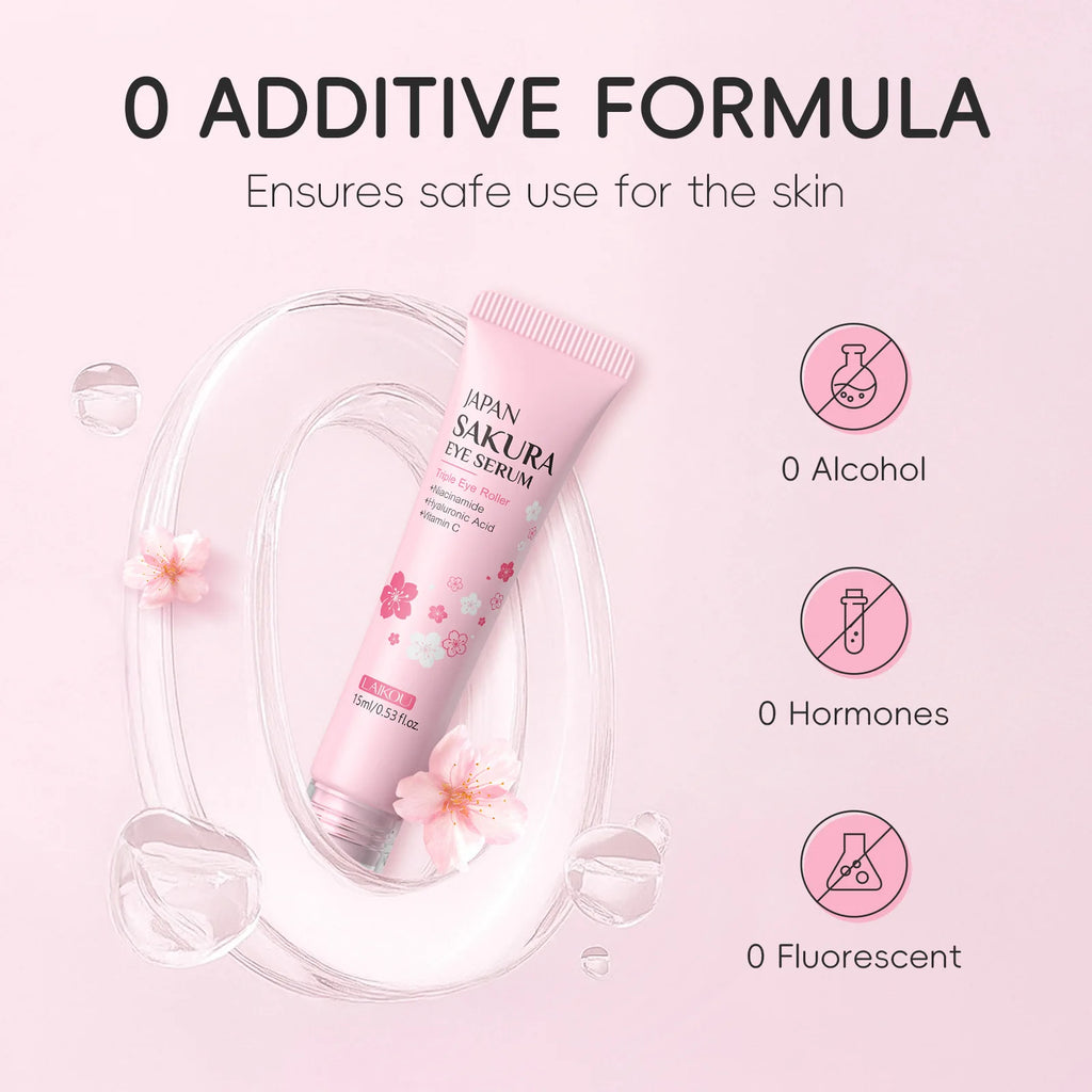 LAIKOU 15ml Sakura Roller Eye Serum Hyaluronic Acid Moisturizing Fade Dark Circles Eye Bags Fine Lines Massage Eye Care