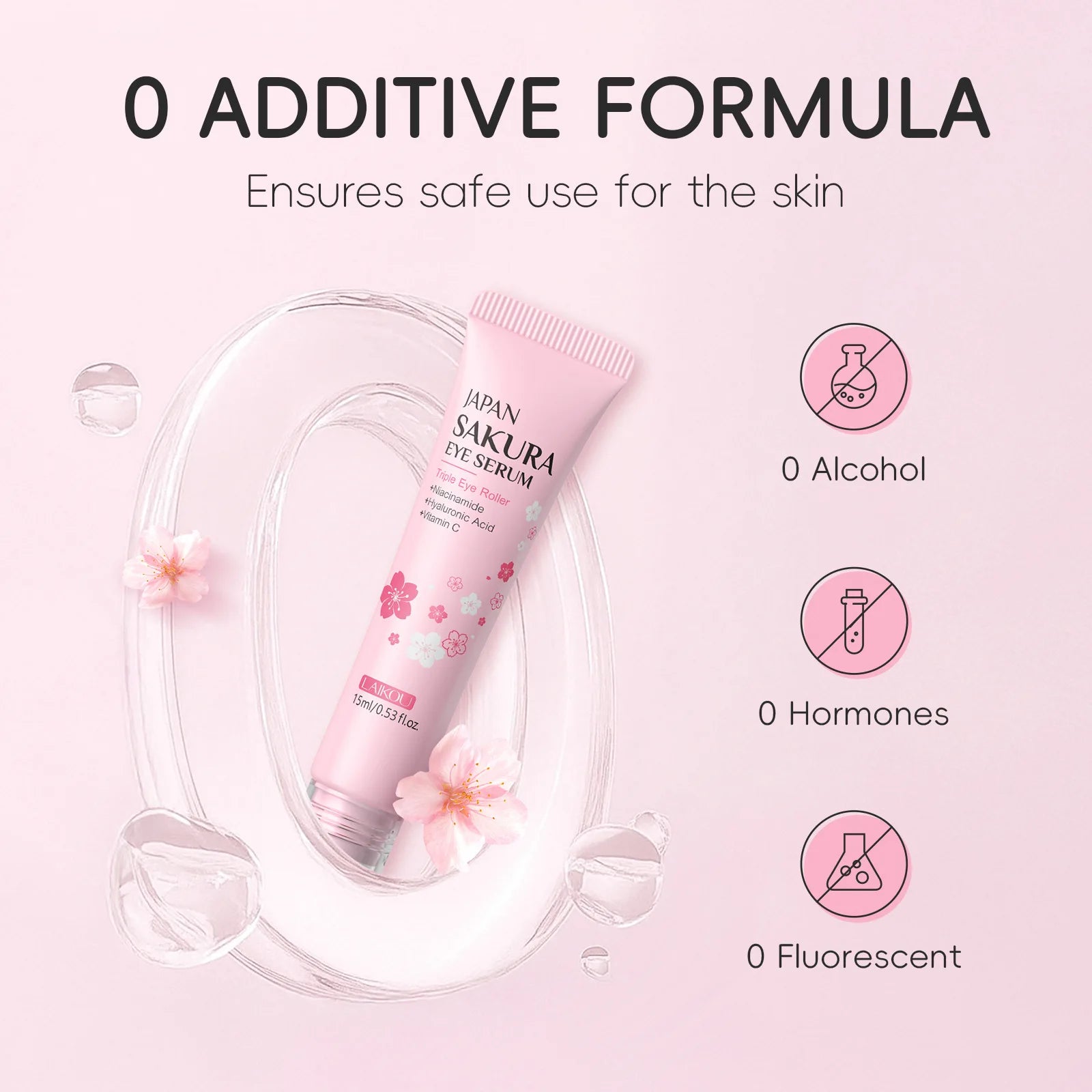 LAIKOU 15ml Sakura Roller Eye Serum Hyaluronic Acid Moisturizing Fade Dark Circles Eye Bags Fine Lines Massage Eye Care