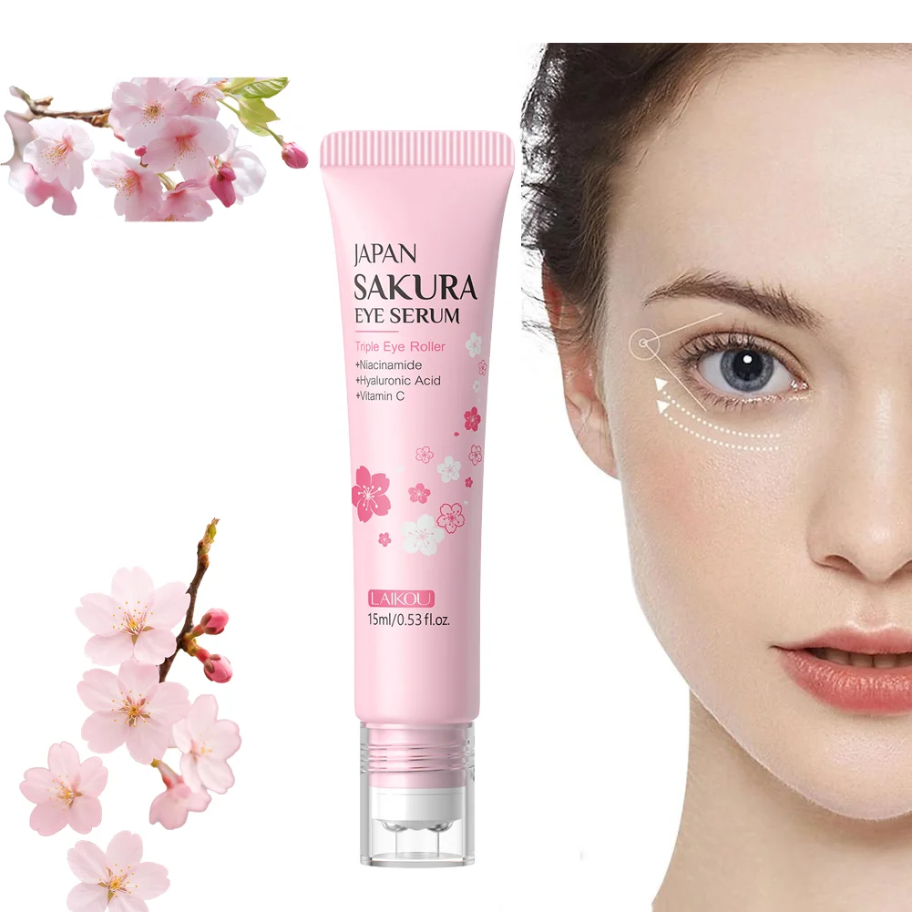 LAIKOU 15ml Sakura Roller Eye Serum Hyaluronic Acid Moisturizing Fade Dark Circles Eye Bags Fine Lines Massage Eye Care