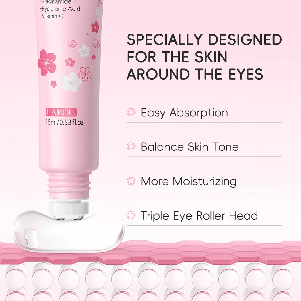 LAIKOU 15ml Sakura Roller Eye Serum Hyaluronic Acid Moisturizing Fade Dark Circles Eye Bags Fine Lines Massage Eye Care