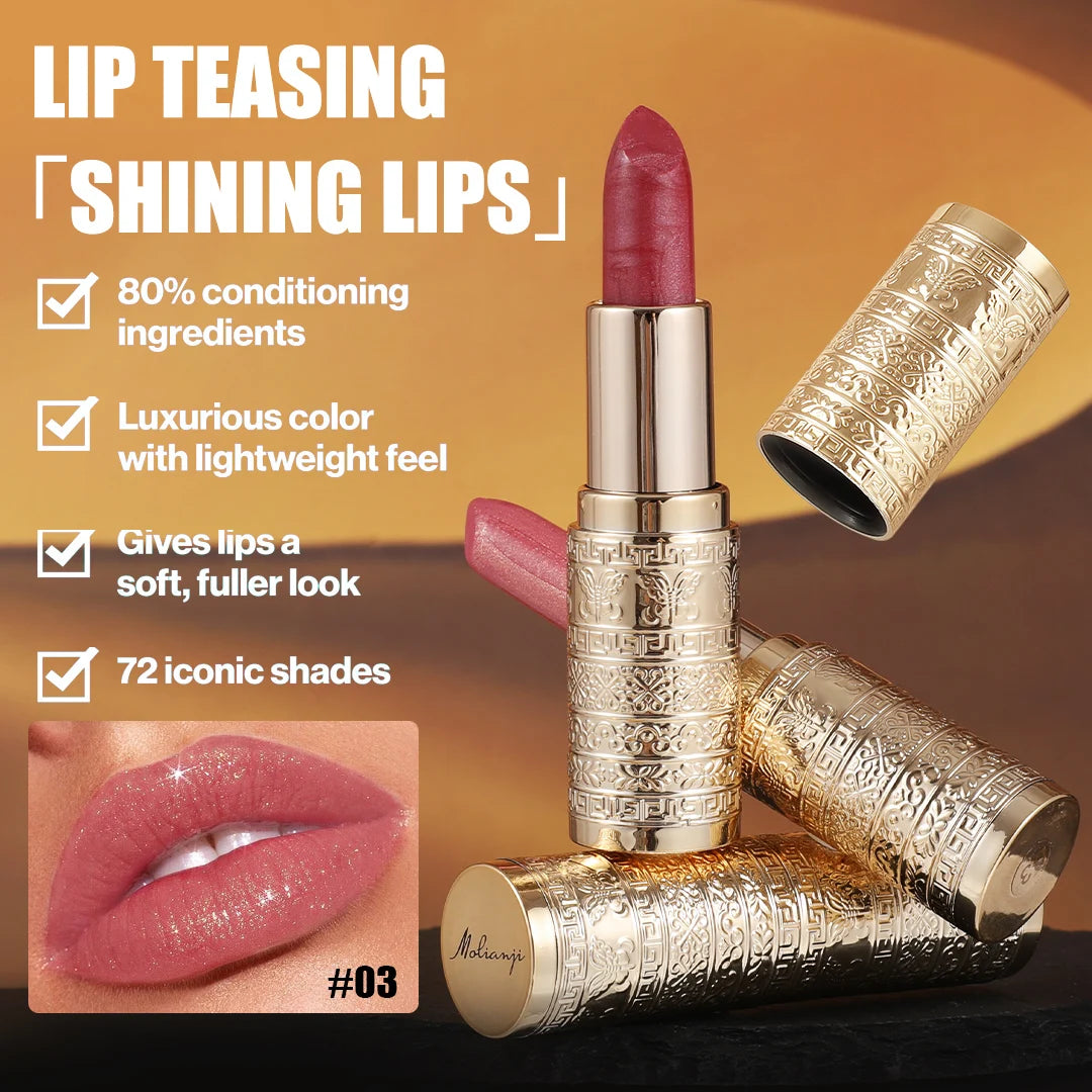 Shining lipstick, long-lasting formula, vibrant colors, easy to apply, suitable for beginners, creating amazing lip makeup