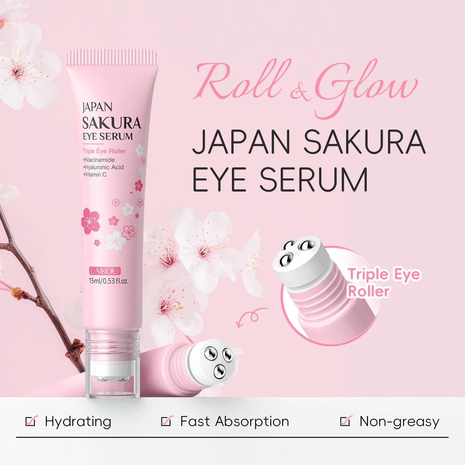 LAIKOU 15ml Sakura Roller Eye Serum Hyaluronic Acid Moisturizing Fade Dark Circles Eye Bags Fine Lines Massage Eye Care