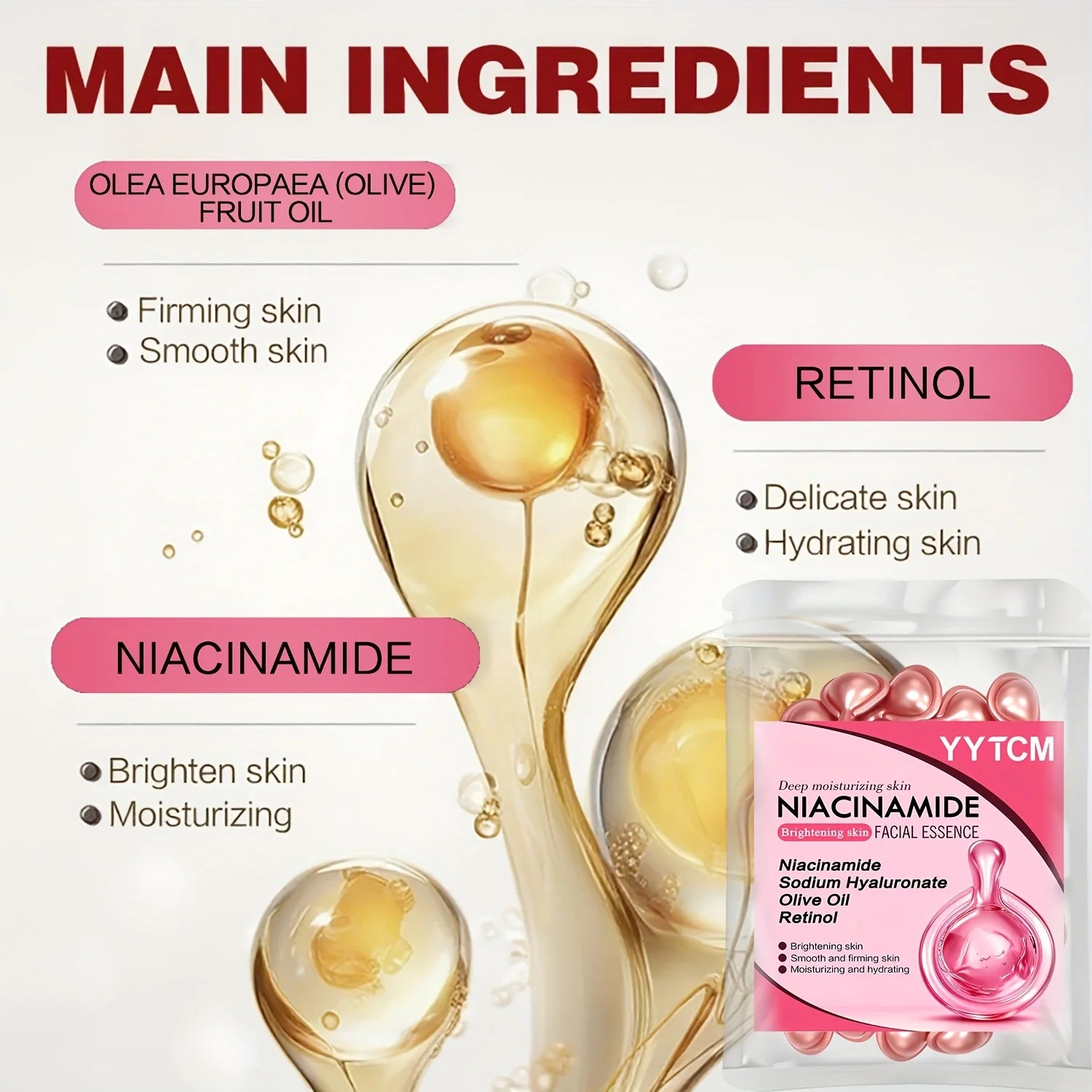 Niacinamide Facial Essence Capsules, Containing Retinol, Olive Fruit Oil, Gardenia Extract, Brighten Skin Tone, Moisturize and Hydrate, and Smooth and Refine Skin (0.5Gx30 Capsules)/Bag-1 Bag