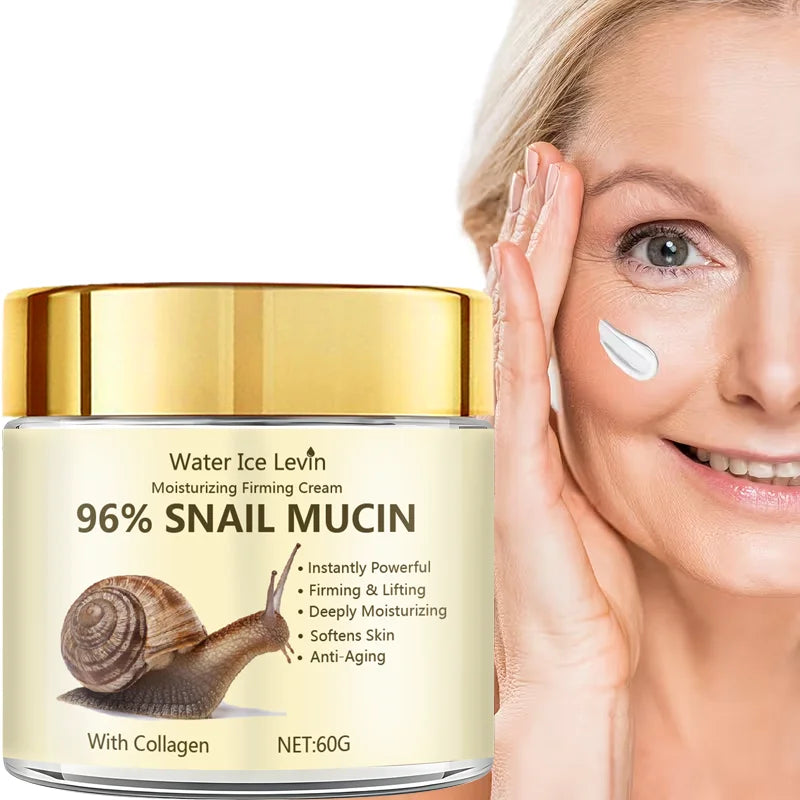 96% Snail Mucin Firming Cream Instantly Lifts and Firms Skin. Deep Moisture Brightens Dullness. Softens and Smoothes Rough Patches.