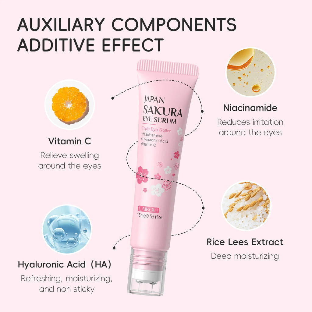LAIKOU 15ml Sakura Roller Eye Serum Hyaluronic Acid Moisturizing Fade Dark Circles Eye Bags Fine Lines Massage Eye Care