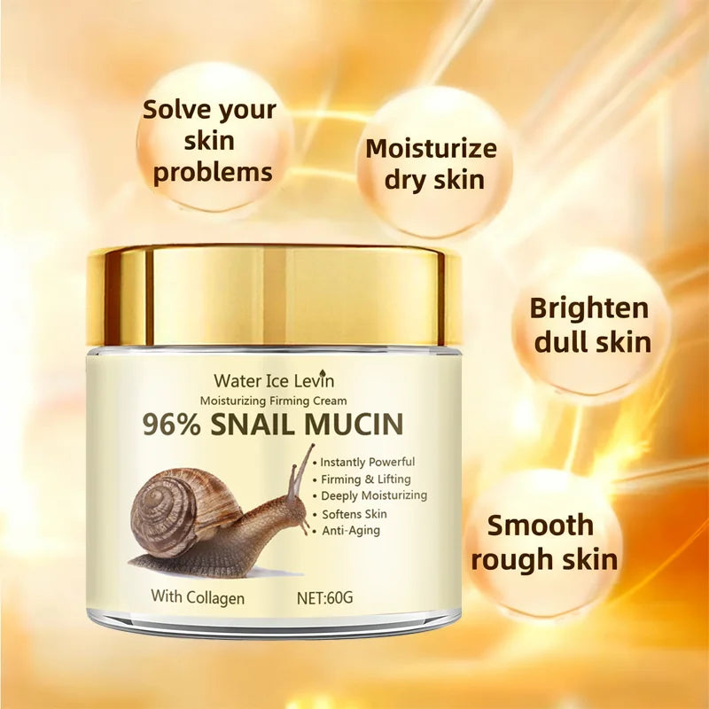 96% Snail Mucin Firming Cream Instantly Lifts and Firms Skin. Deep Moisture Brightens Dullness. Softens and Smoothes Rough Patches.