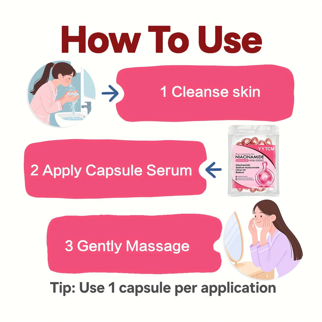 Niacinamide Facial Essence Capsules, Containing Retinol, Olive Fruit Oil, Gardenia Extract, Brighten Skin Tone, Moisturize and Hydrate, and Smooth and Refine Skin (0.5Gx30 Capsules)/Bag-1 Bag