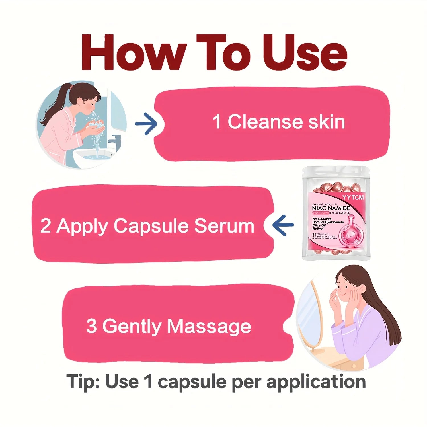 Niacinamide Facial Essence Capsules, Containing Retinol, Olive Fruit Oil, Gardenia Extract, Brighten Skin Tone, Moisturize and Hydrate, and Smooth and Refine Skin (0.5Gx30 Capsules)/Bag-1 Bag