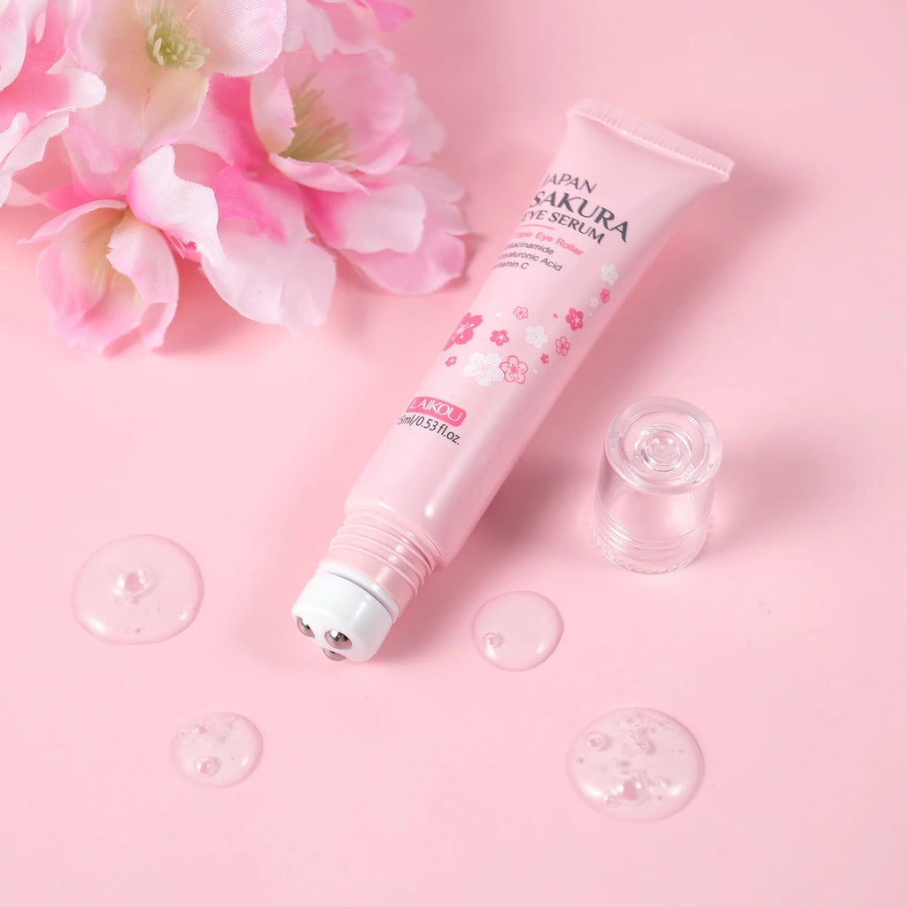 LAIKOU 15ml Sakura Roller Eye Serum Hyaluronic Acid Moisturizing Fade Dark Circles Eye Bags Fine Lines Massage Eye Care