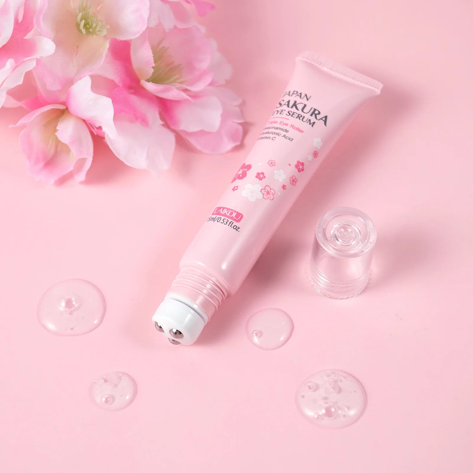 LAIKOU 15ml Sakura Roller Eye Serum Hyaluronic Acid Moisturizing Fade Dark Circles Eye Bags Fine Lines Massage Eye Care