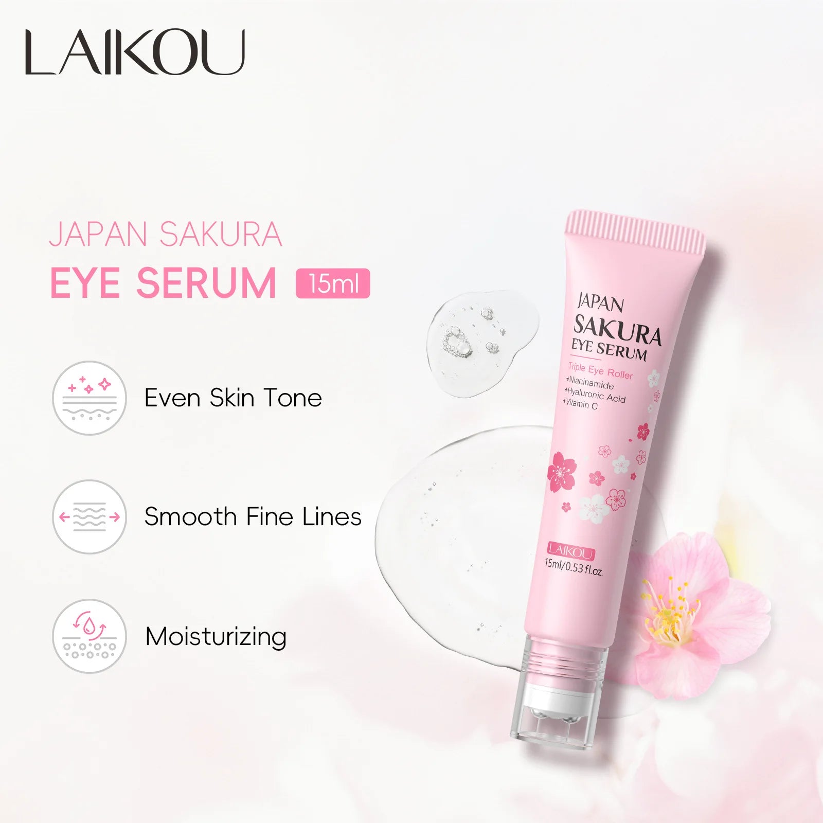 LAIKOU 15ml Sakura Roller Eye Serum Hyaluronic Acid Moisturizing Fade Dark Circles Eye Bags Fine Lines Massage Eye Care