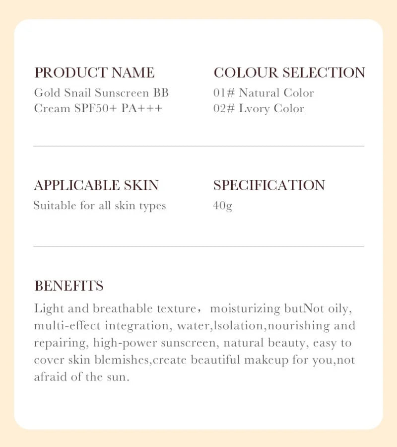 SADOER Gold Snail Sunscreen BB Cream Foundation Concealer Moisturizing Isolation Cream SPF50+PA+++ 40g