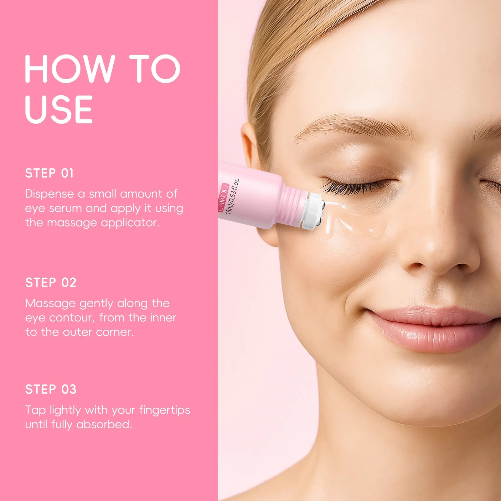 LAIKOU 15ml Sakura Roller Eye Serum Hyaluronic Acid Moisturizing Fade Dark Circles Eye Bags Fine Lines Massage Eye Care