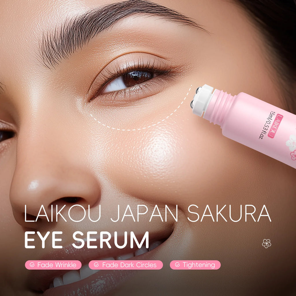 LAIKOU 15ml Sakura Roller Eye Serum Hyaluronic Acid Moisturizing Fade Dark Circles Eye Bags Fine Lines Massage Eye Care