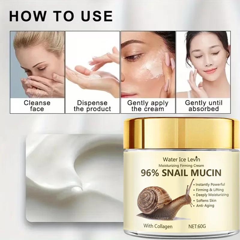 96% Snail Mucin Firming Cream Instantly Lifts and Firms Skin. Deep Moisture Brightens Dullness. Softens and Smoothes Rough Patches.